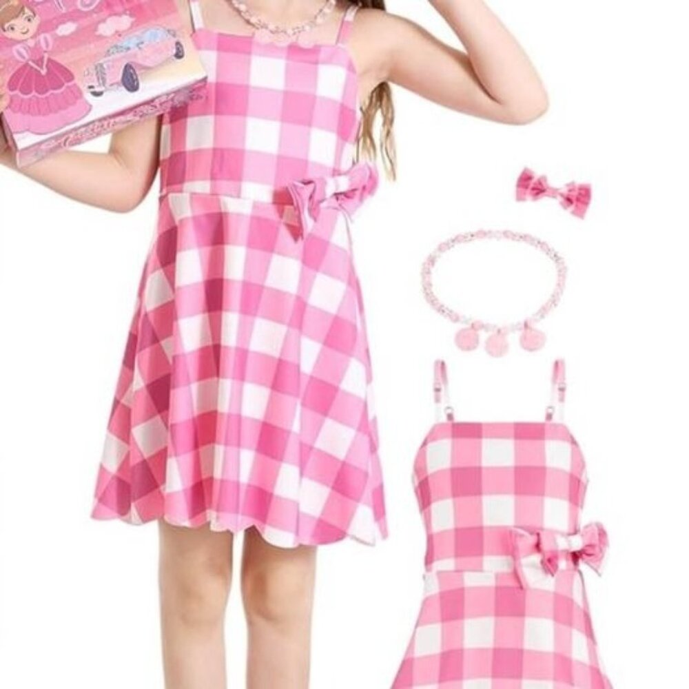 New: 50’s pink plaid dress w jewelry & bows (9-10 years old)